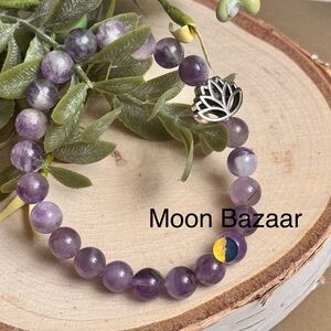 Amethyst Beaded Bracelet with Lotus Charm